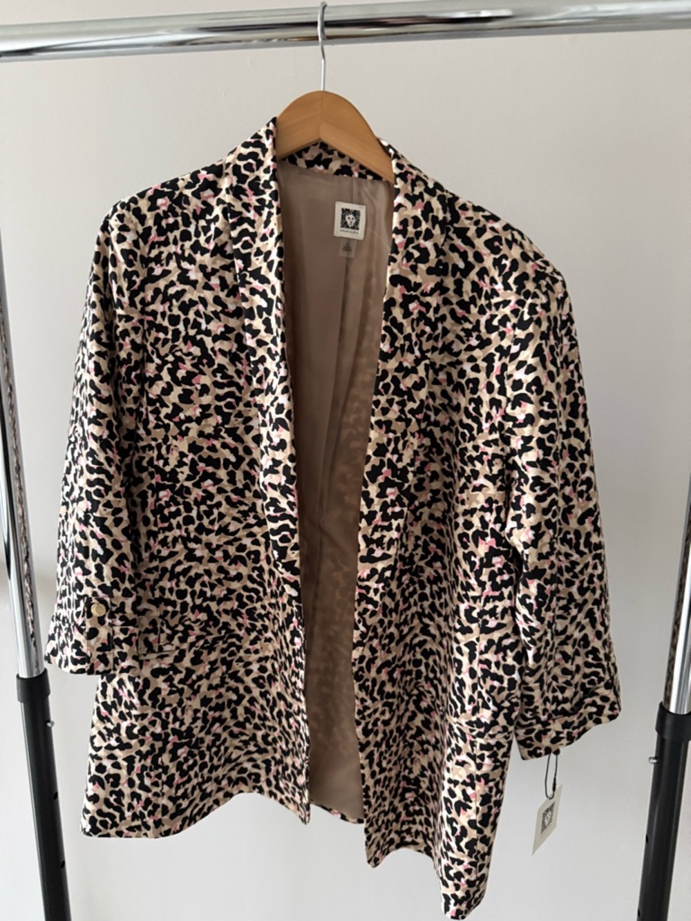 Anne Klein Leopard Print Open Blazer Jacket in Beige and Pink